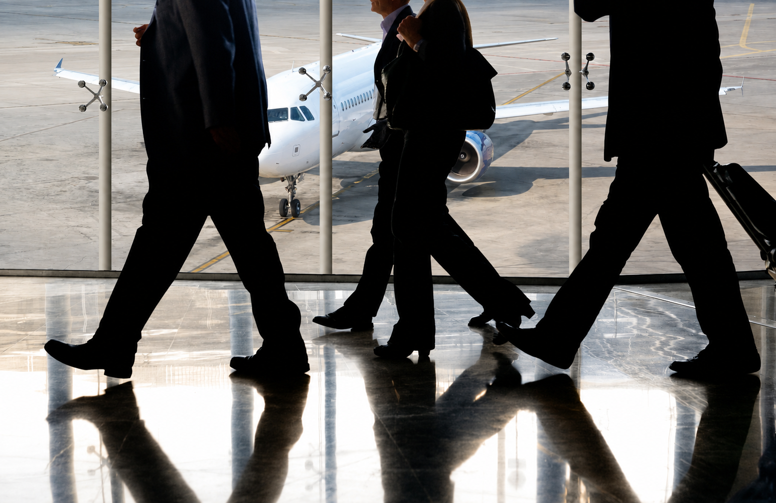 Executivos caminhando pelo saguão do aeroporto, avião ao fundo